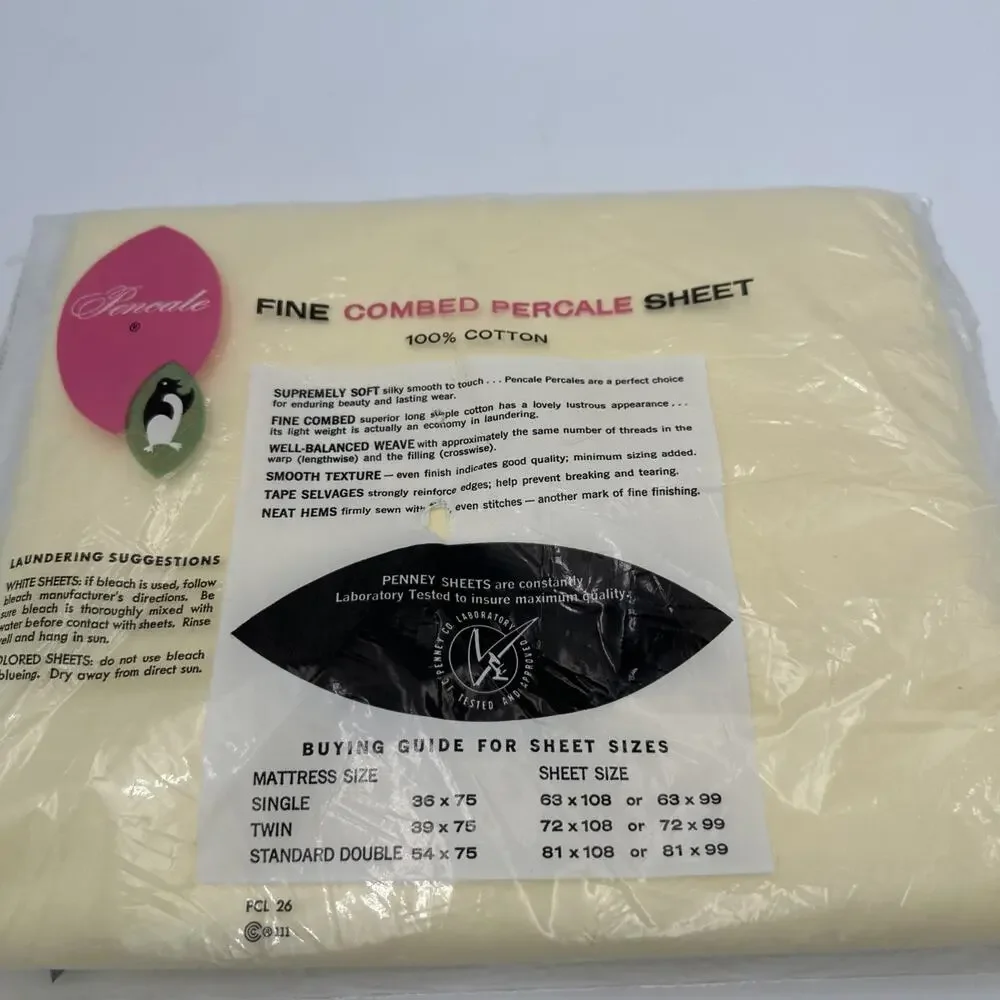 Vintage Penney’s Percale Yellow Double Full Bed Sheet And Pillow Cases Brand New